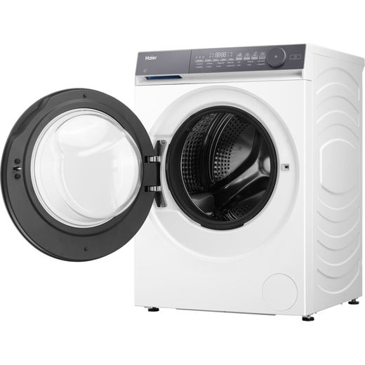 Haier X7 HW100-B14367U-UK 10kg Washing Machine with 1400 rpm - White - Left perspective with door open shot