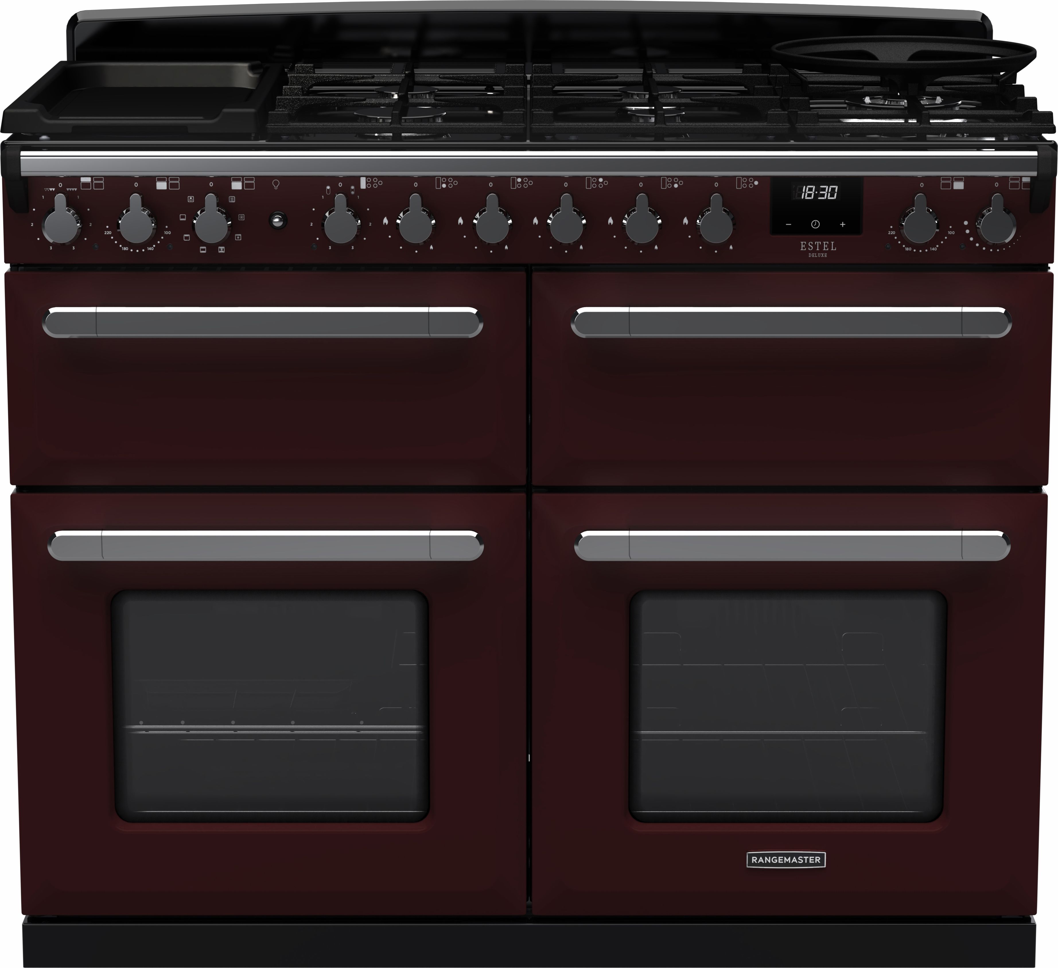Image of Rangemaster Estel Deluxe ESDLB110DFPBOR/CM1 110cm wide Dual Fuel Range Cooker with Gas Hob - Bordeaux / Chrome - A/A Rated, Red