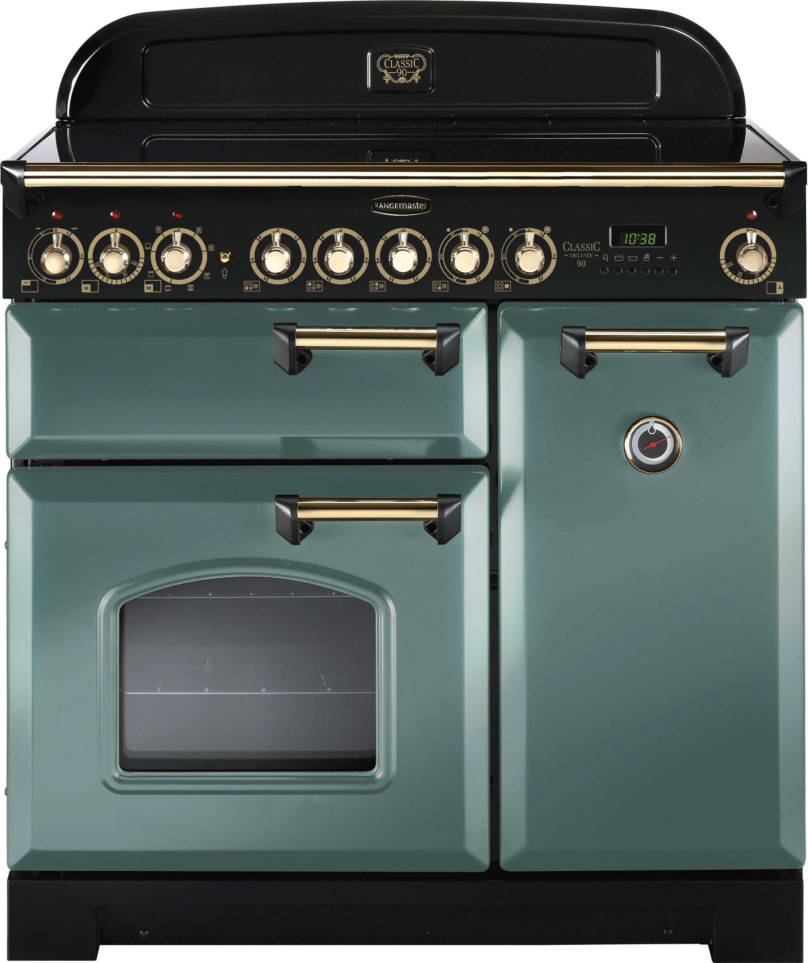 Rangemaster Classic Deluxe CDL90ECMG/B 90cm Electric Range Cooker with Ceramic Hob - Mineral Green / Brass - A/A Rated, Green