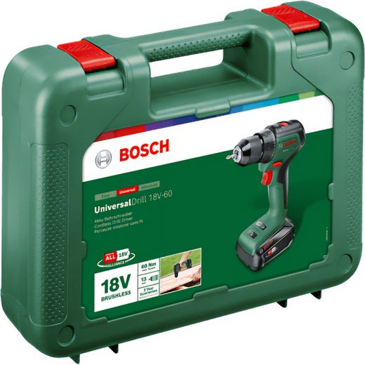 Bosch UniversalDrill 18V-60 (1x2.0Ah) + AL 18V-20 Cordless Driver Drill - Green - Case right perspective