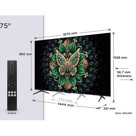 TCL 75" 4K Ultra HD QLED Smart Google TV [2025] - Dimensions