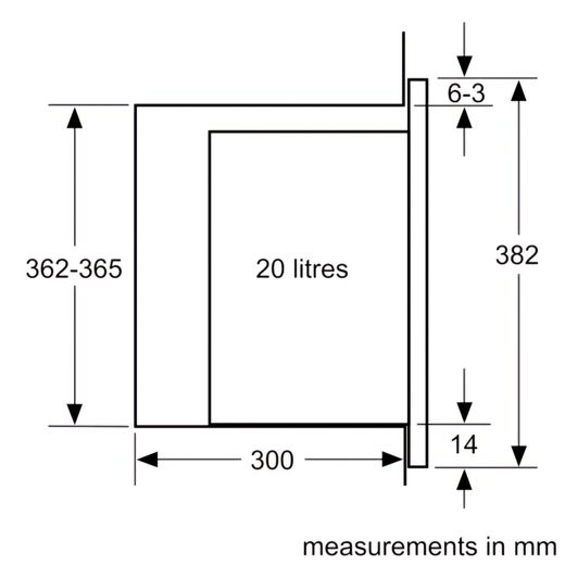 Bosch Series 4 BFL523MS0B 38cm tall, 59cm wide, Built In Compact Microwave - Stainless Steel - Dimensions