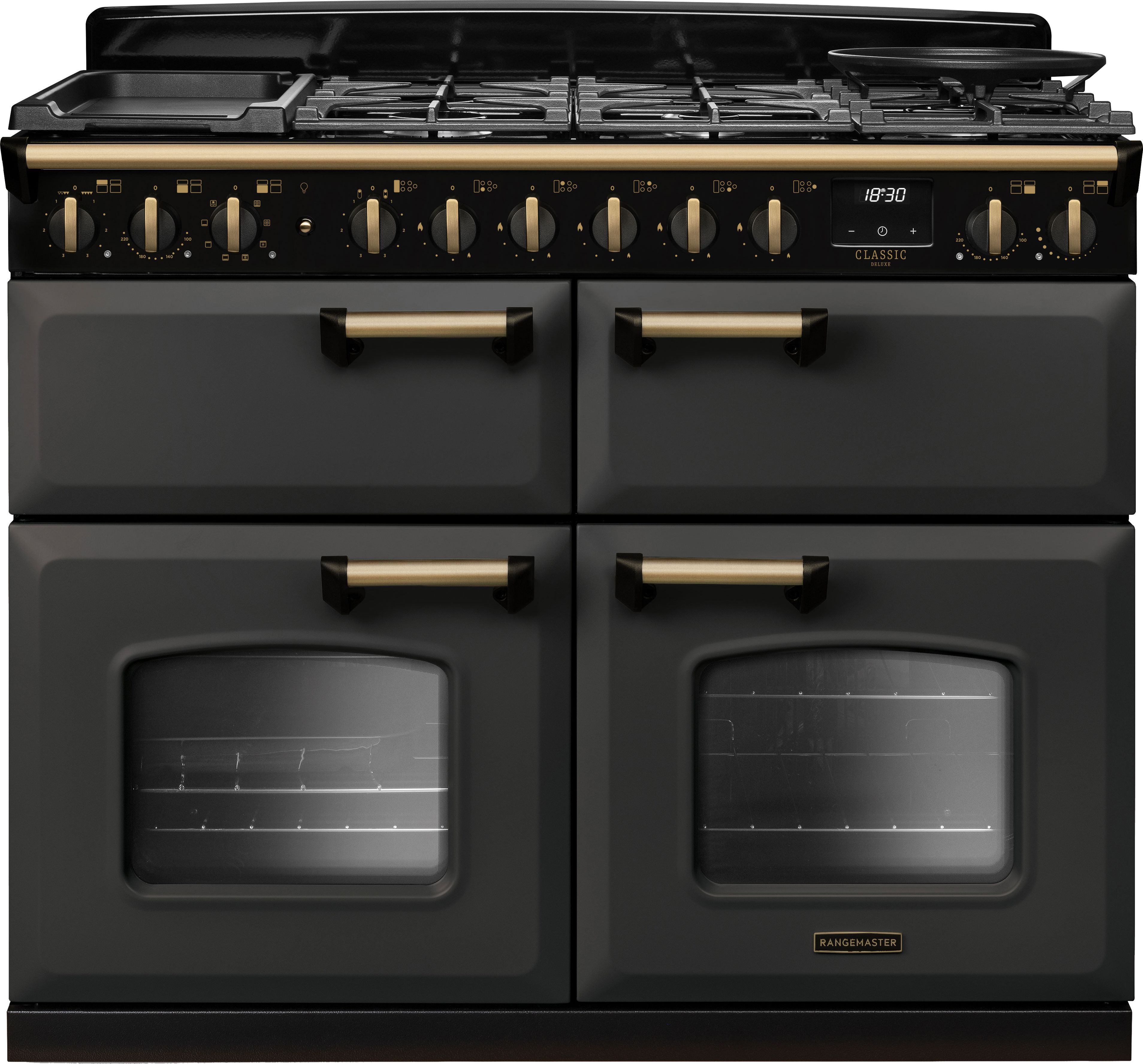 Image of Rangemaster Classic Deluxe 110 CLDLB110DFPSLT/AB1 110cm wide Dual Fuel Range Cooker with Gas Hob - Slate / Antique Brass - A/A/A Rated, Grey