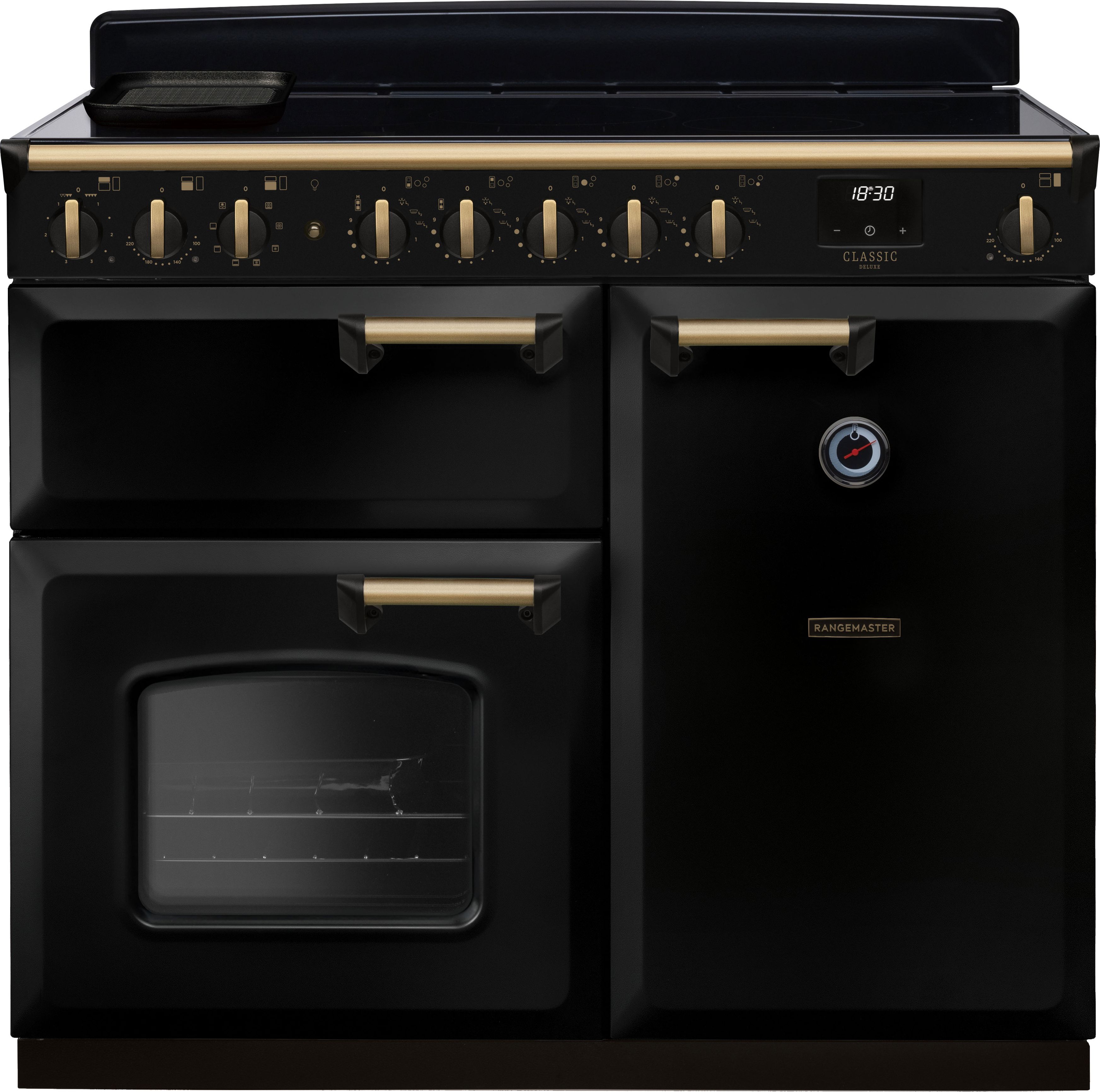 Image of Rangemaster Classic Deluxe CLDL100EIPGBL/AB1 100cm wide Electric Range Cooker with Induction Hob - Black / Antique Brass - A/A Rated, Black