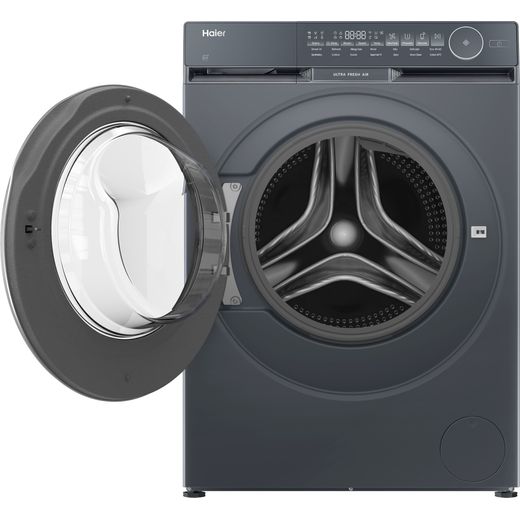 Haier X9 HW120-B14387GUUK 12kg Washing Machine with 1400 rpm - Graphite - Front with door open shot 