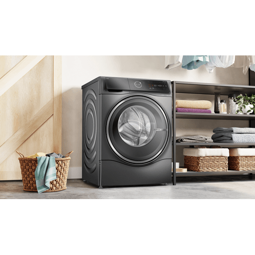 Bosch Series 8 i-Dos WNC254ARGB Wifi Connected 10.5Kg / 6Kg Washer Dryer with 1400 rpm - Graphite - lifestyle - machine in utility room right perspective