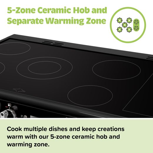 Leisure Cuisinemaster 100cm Electric Range Cooker with Ceramic Hob - Stainless Steel - Annotation - 5-zone ceramic hob and separate warming zone
