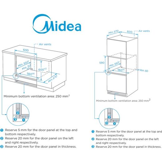Midea Xpress Fry MBO7NP30E4-BK Wifi Connected Built In Electric Single Oven - Black - Dimensions