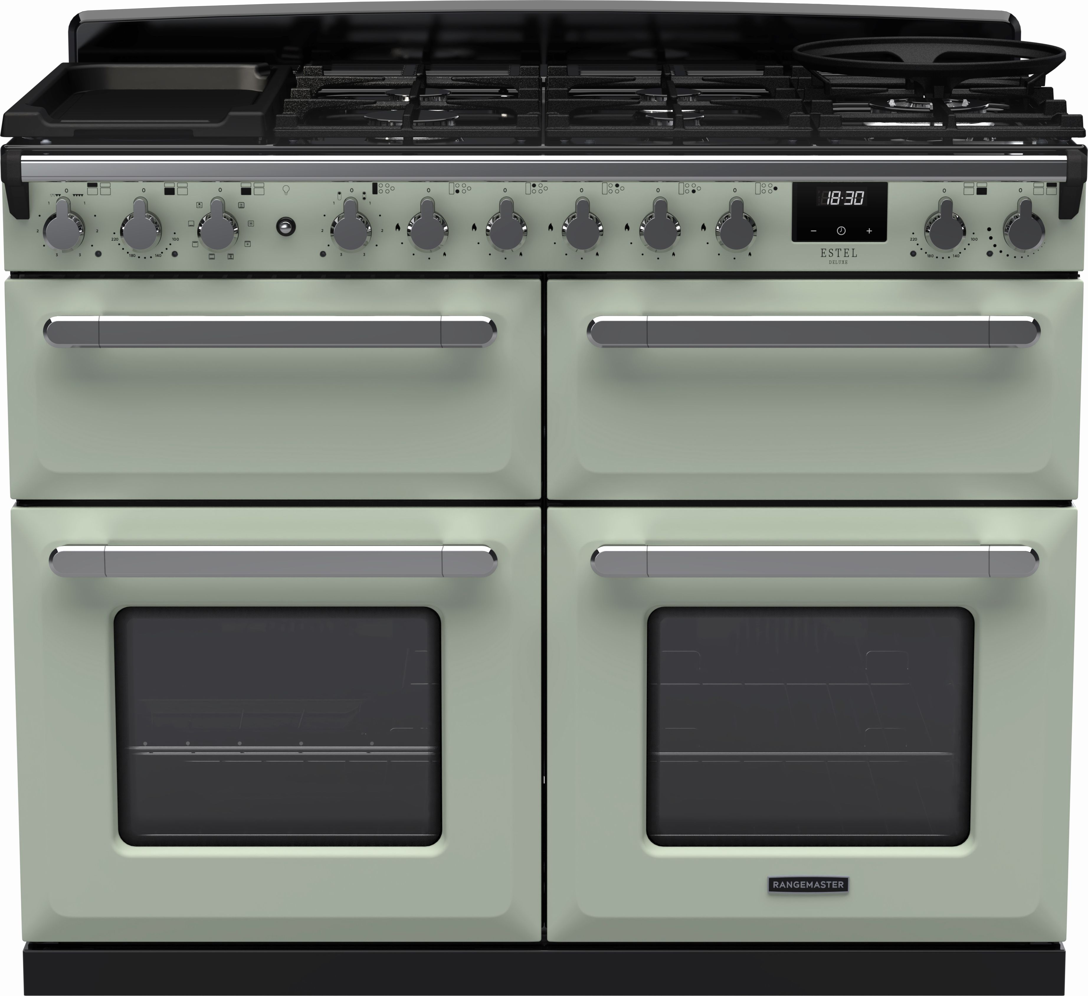 Image of Rangemaster Estel Deluxe ESDLB110DFPMNT/CM1 110cm wide Dual Fuel Range Cooker with Gas Hob - Mint / Chrome - A/A Rated, Green