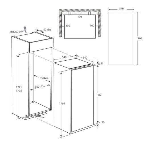 Hoover Integrated Upright Freezer with Fixed Door Fixing Kit - Dimensions