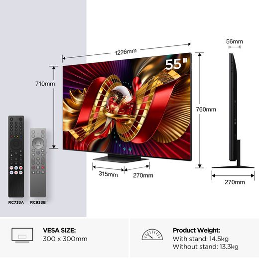TCL 55" 4K Ultra HD SQD-Mini LED Smart Google TV - annotation - dimension shot 