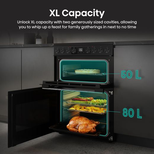 Hisense Hi6 Max HDCEC6C20B 60cm Wide Double Oven Electric Cooker with Ceramic Hob - Jet Black - Annotation - XL capacity