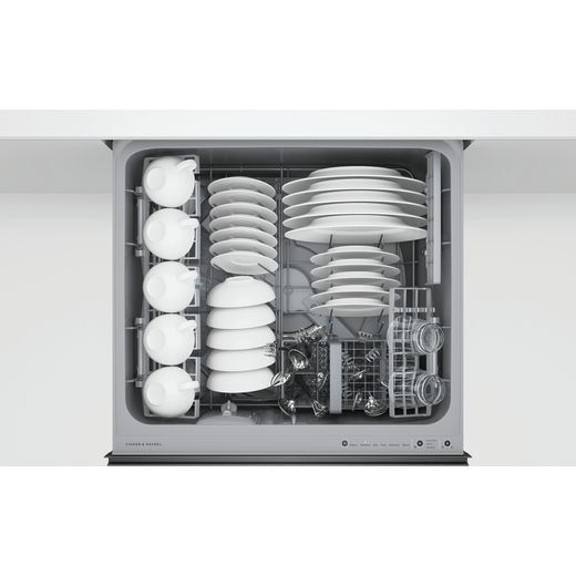 Dishwasher DishDrawer™ Double, 12 Place Settings, Black Steel, Recessed handle, WiFi, compatible with SmartHQ App - Dishwasher in kitchen with top drawer open with cutlery inside