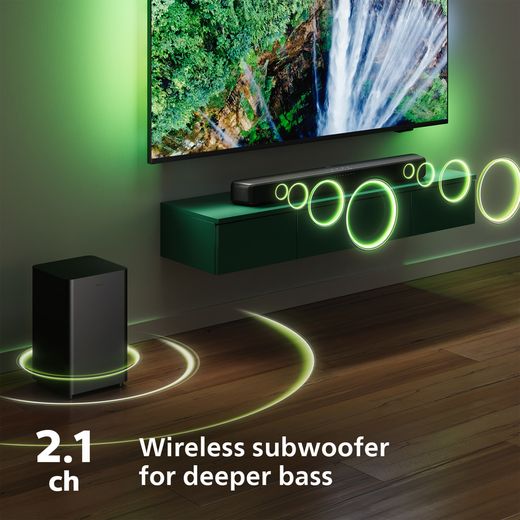 Philips TAB5309/10 Bluetooth 2.1 Soundbar - Grey - Annotation - Wireless subwoofer for deep bass