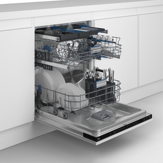 Beko bPRO 700 Integrated Standard Dishwasher - Stainless Steel - right perpsective with door open shot