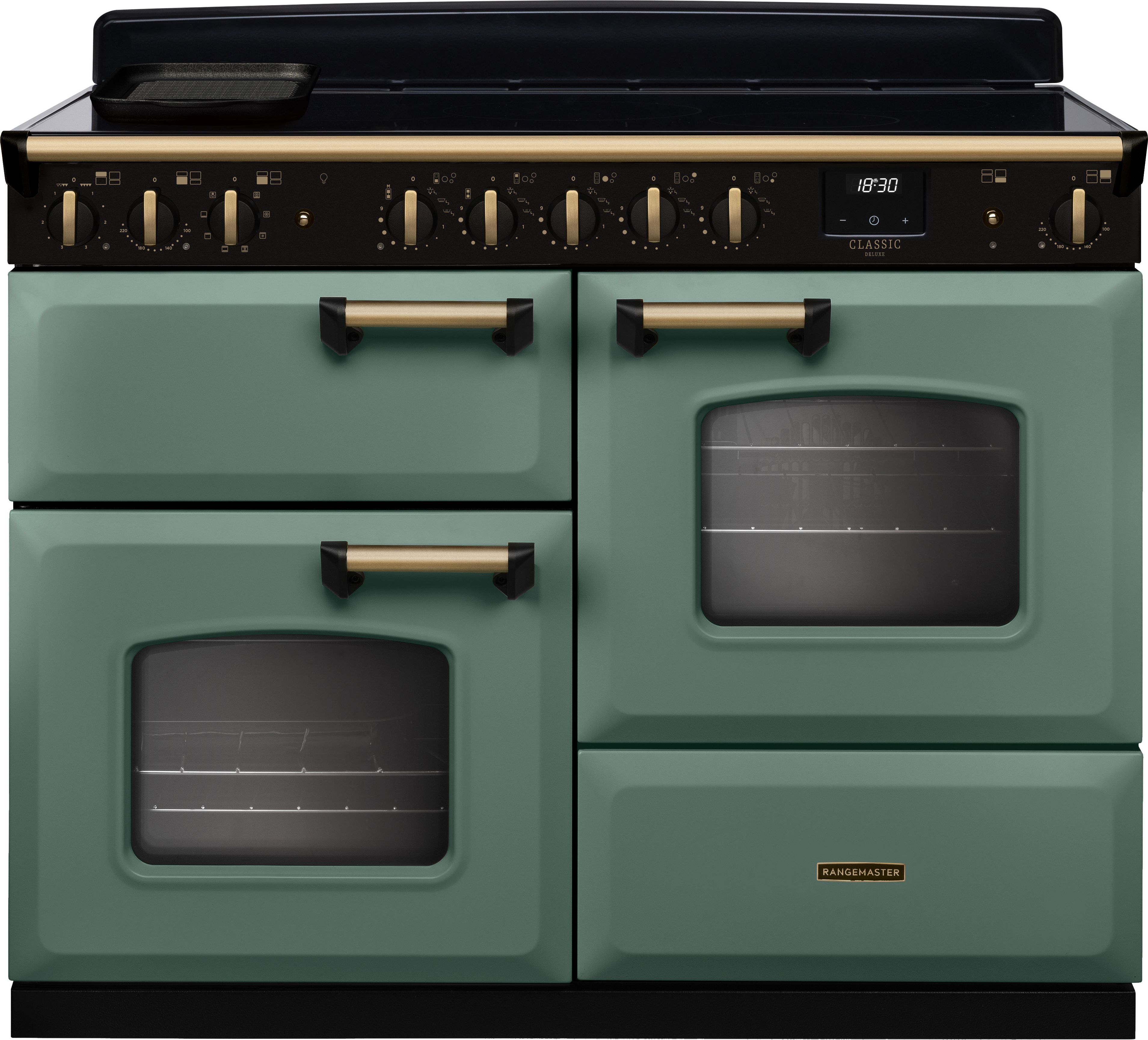 Image of Rangemaster Classic Deluxe OC CLDLO110EIPMGR/AB1 110cm wide Electric Range Cooker with Induction Hob - Mineral Green / Antique Brass - A/A Rated, Green