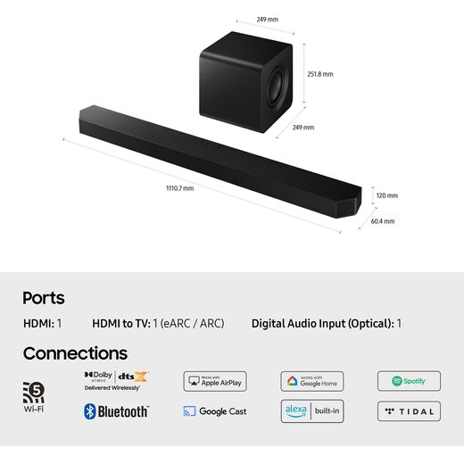 Samsung Q-Series HW-Q800F Bluetooth 5.1.2 Soundbar - Obsidian Black - Annotation - Ports, connections and dimensions
