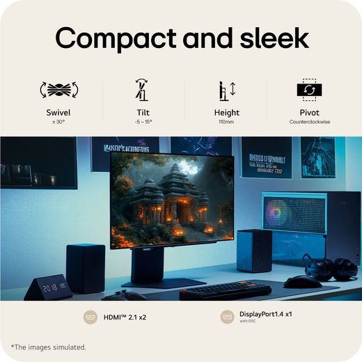 LG 27" Quad HD 280Hz OLED Gaming Monitor with FreeSync™ Premium Pro with NVidia G-Sync - Black - annotation - compact and sleek shot