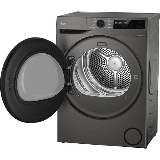 Hoover Pro Dry Series 5 HBP 9N3BRX-80 Wifi Connected 9Kg Heat Pump Tumble Dryer - Graphite - Left perspective with door open shot