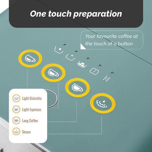 Smeg 50's Style BCC12EGMUK Bean to Cup Coffee Machine - Green - annotation -on touch prep