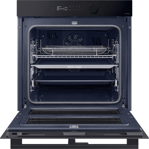 Samsung Series 5 Dual Cook Flex™ Electric Single Oven - Black Glass - Front shot door open with racks