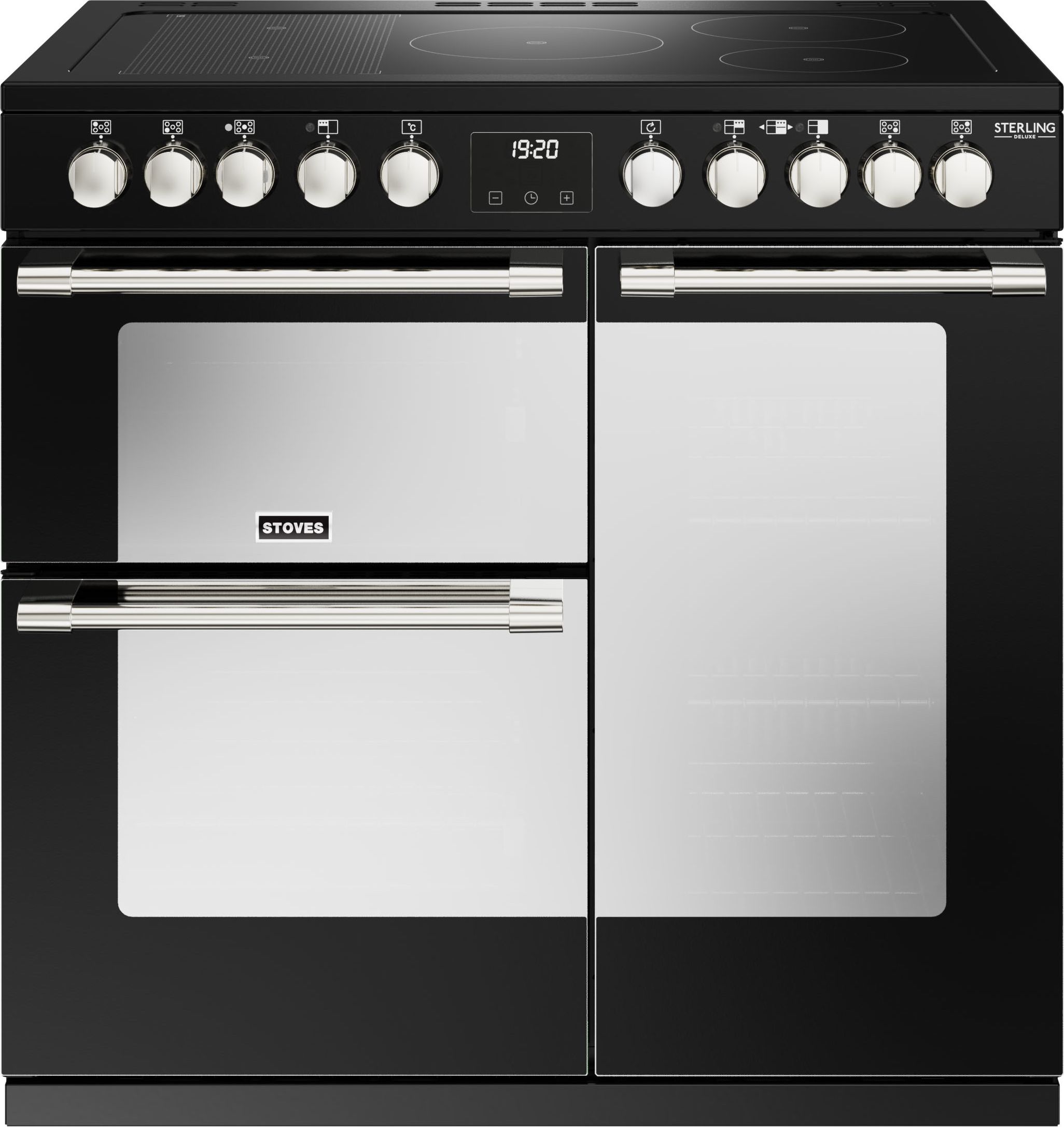 Stoves Sterling Deluxe ST DX STER D900Ei RTY BK 90cm Electric Range Cooker with Induction Hob - Black - A/A/A Rated, Black