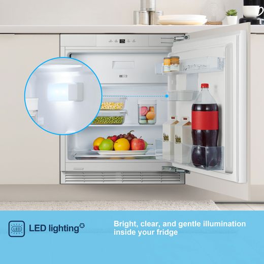 Fridgemaster MBUR60121E Integrated Under Counter 82cm Fridge - Fixed Door Hinge Kit - White - annotation - led light shot