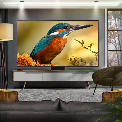 LG QNED86A6 100" 4K Ultra HD MiniLED Smart TV - TV on stand in room