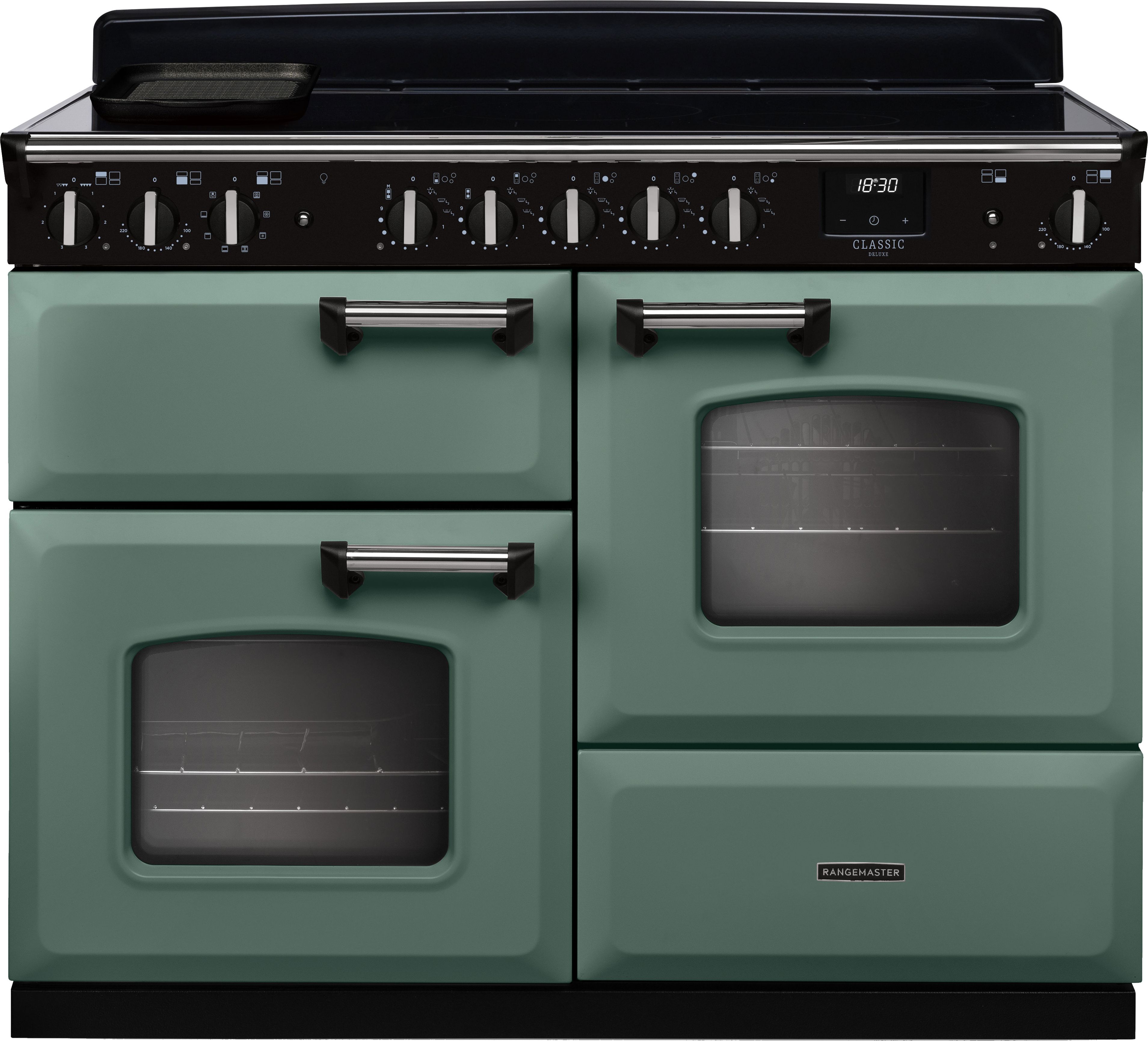Image of Rangemaster Classic Deluxe OC CLDLO110EIPMGR/CM1 110cm wide Electric Range Cooker with Induction Hob - Mineral Green / Chrome - A/A Rated, Green