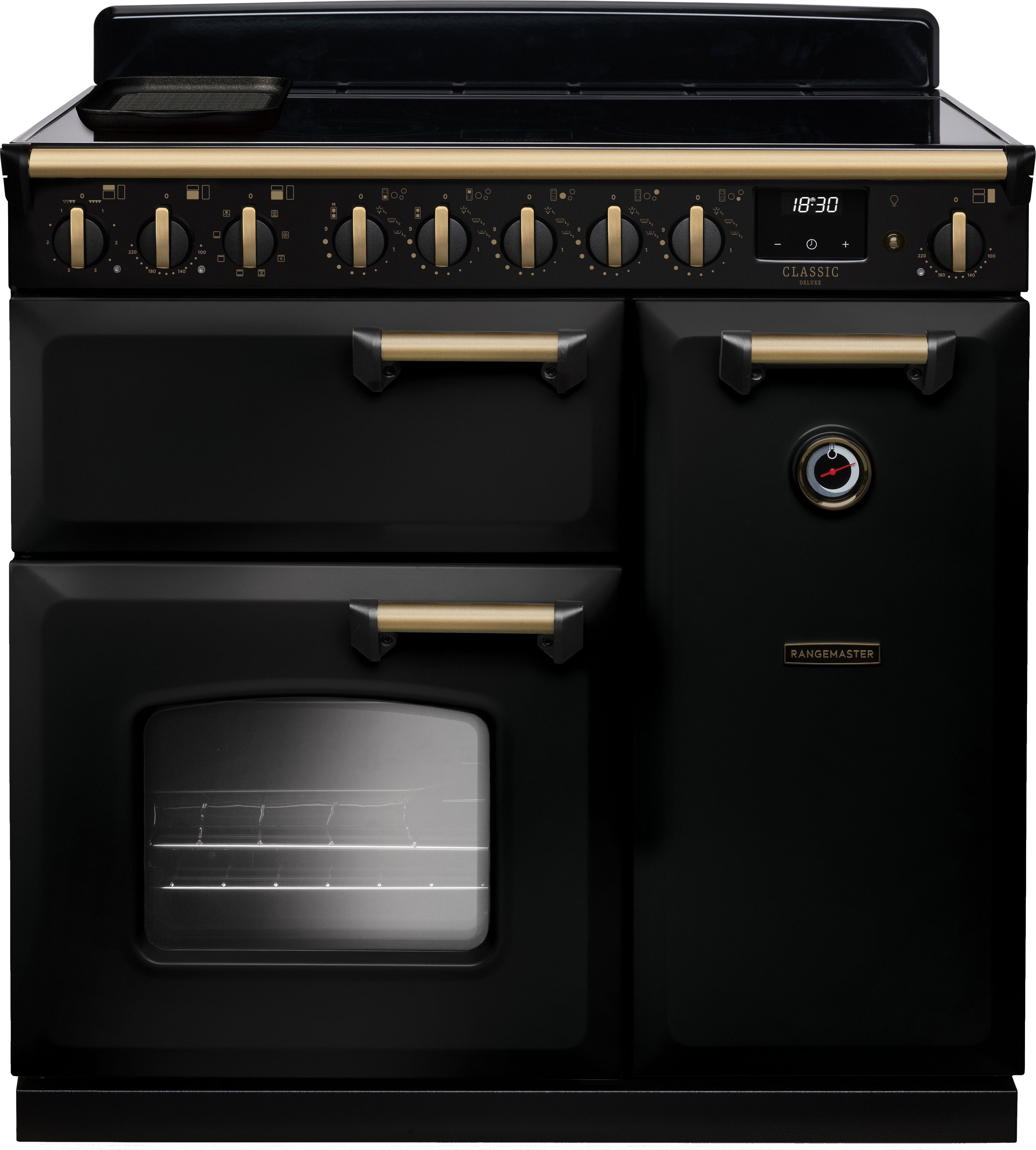 Image of Rangemaster Classic Deluxe CLDL90EIPGBL/AB1 90cm wide Electric Range Cooker with Induction Hob - Black / Antique Brass - A/A Rated, Black