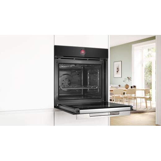 Bosch Serie 8 Electric Single Oven - Black - Oven door open in modern kitchen