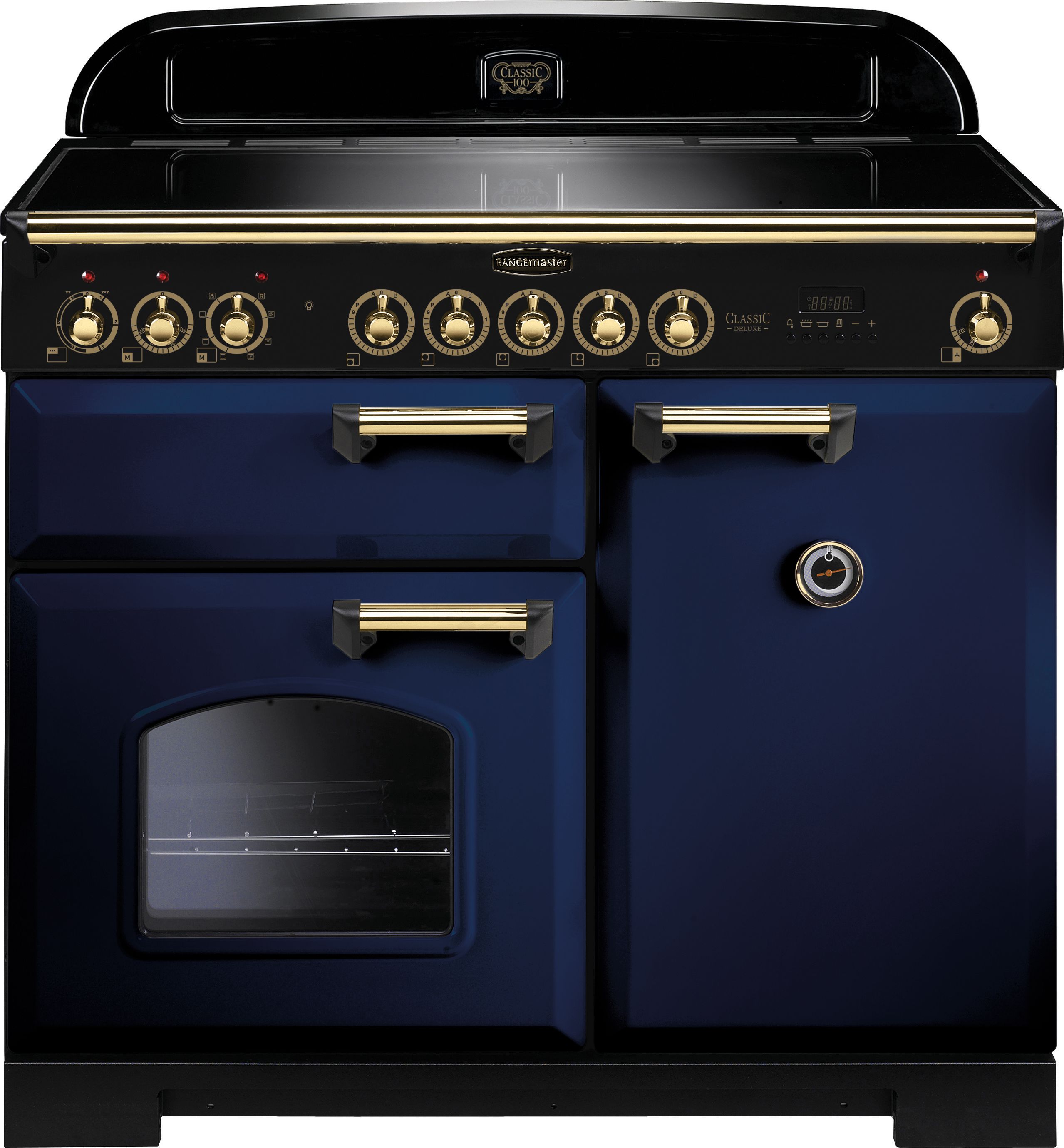 Rangemaster Classic Deluxe CDL100EIRB/B 100cm Electric Range Cooker with Induction Hob - Regal Blue / Brass - A/A Rated, Blue