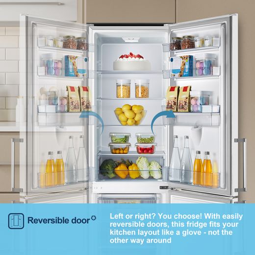 Fridgemaster MC55265DE 180cm 70/30 Fridge Freezer - White - Annotation - Reversible door