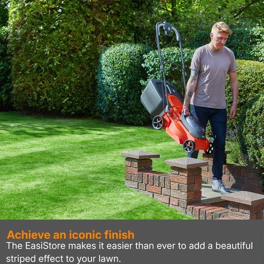 Flymo 36V EasiStore 340R Cordless Lawn Mower - Orange - Annotation - iconic finish shot