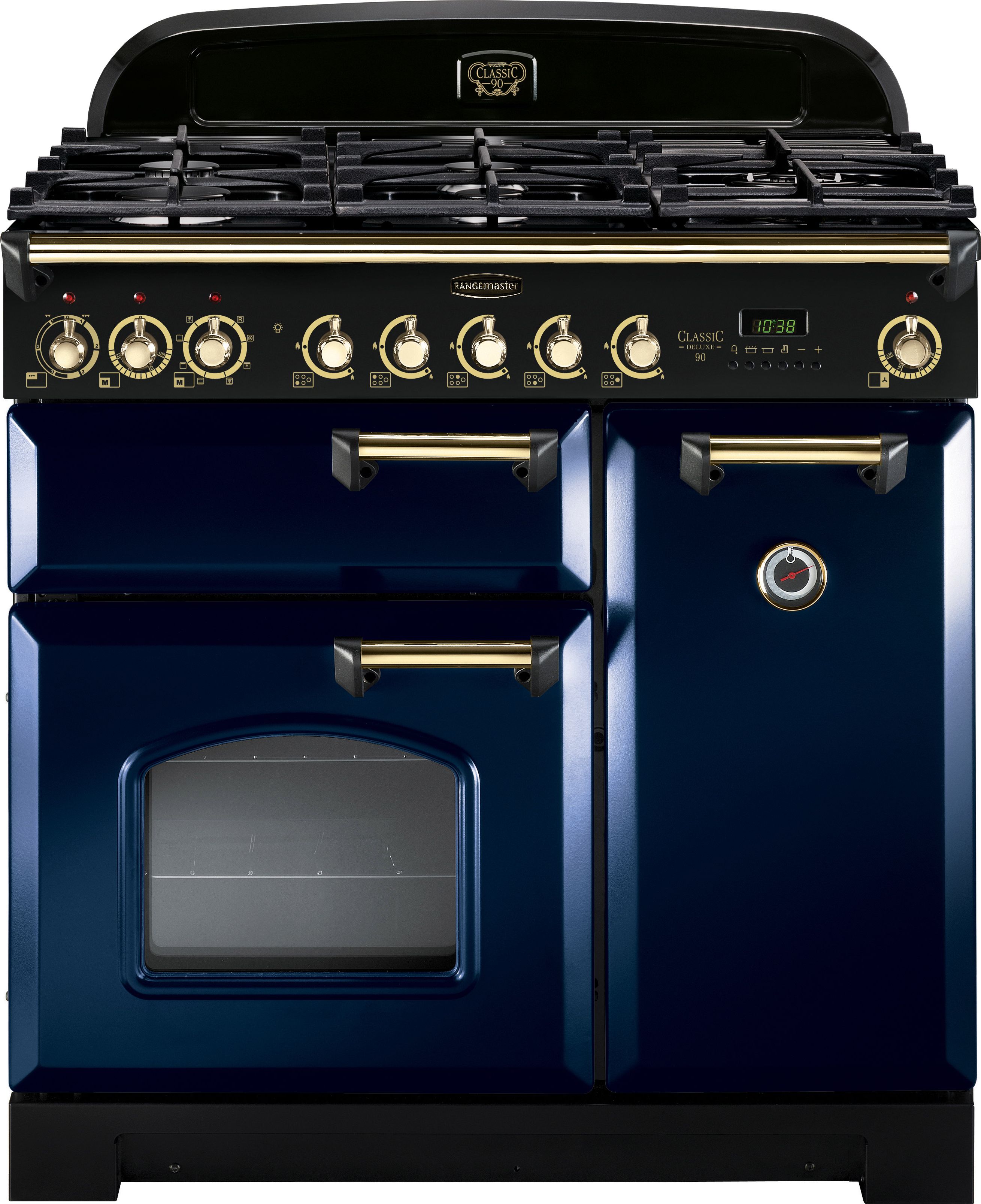 Rangemaster Classic Deluxe CDL90DFFRB/B 90cm Dual Fuel Range Cooker - Regal Blue / Brass - A/A Rated, Blue