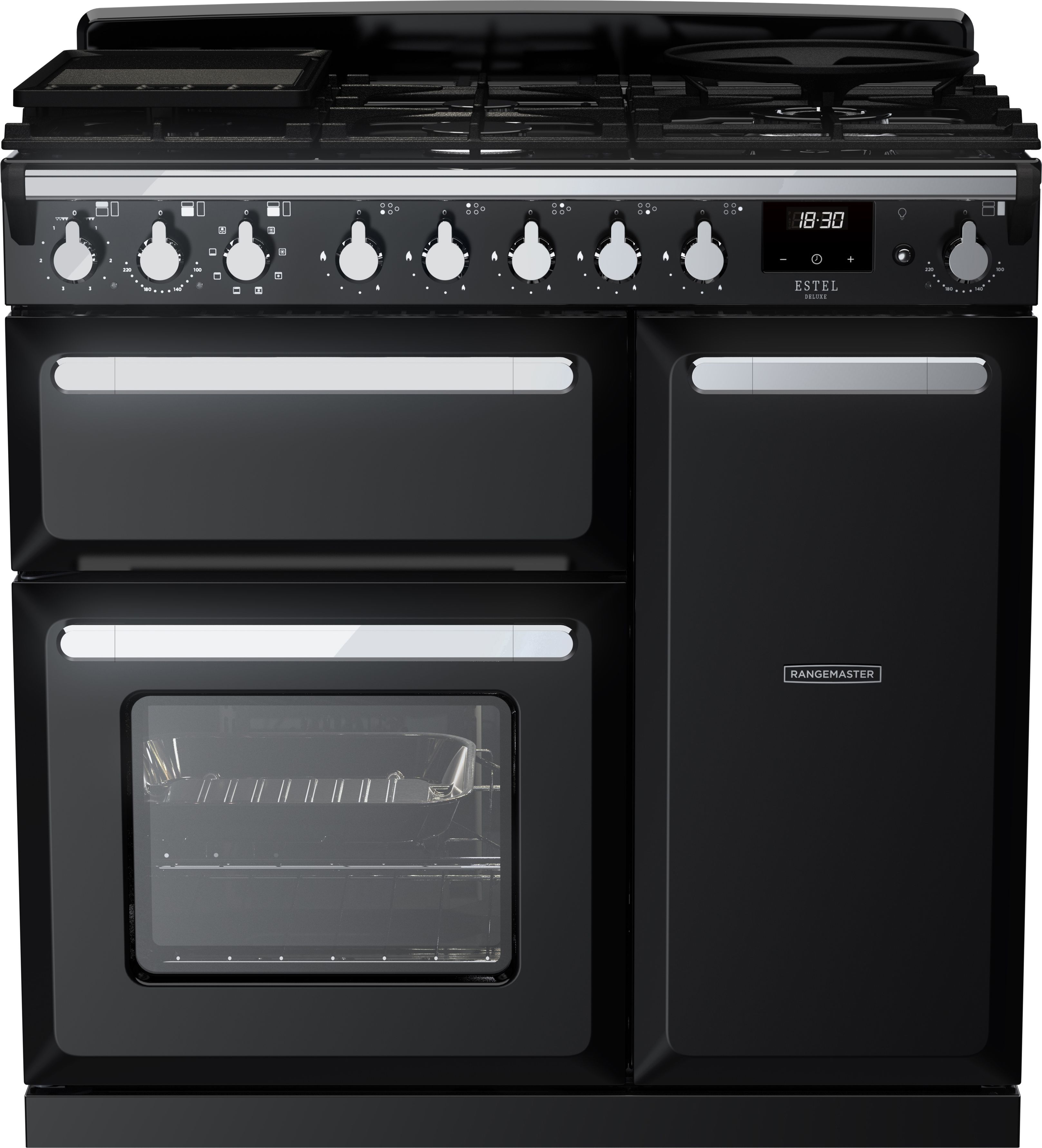 Image of Rangemaster Estel Deluxe ESDL90DFPGBL/CM1 90cm wide Dual Fuel Range Cooker with Gas Hob - Black / Chrome - A/A Rated, Black