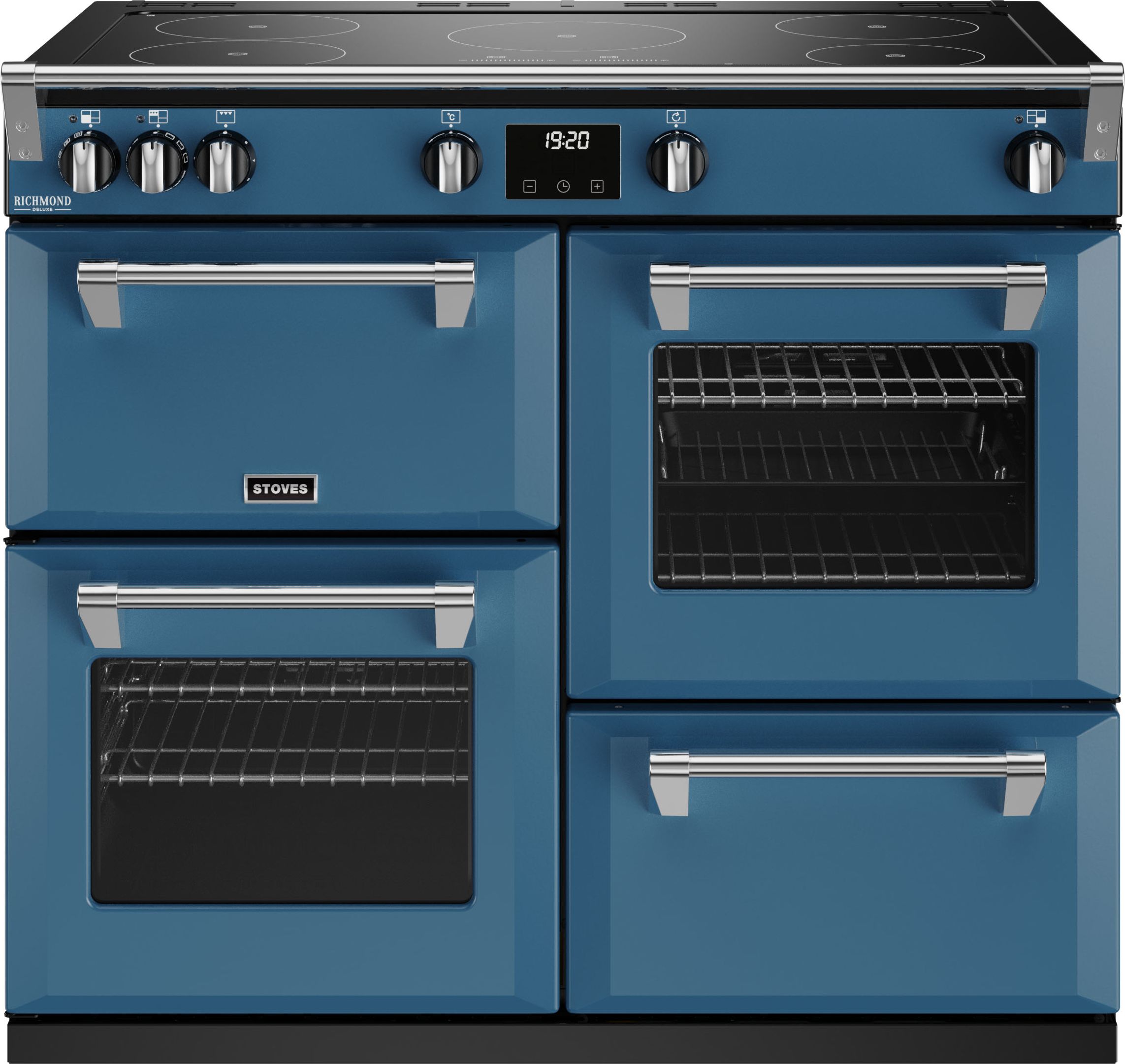 Stoves Richmond Deluxe ST DX RICH D1000Ei TCH TBL 100cm Electric Range Cooker with Induction Hob - Thunder Blue - A Rated, Blue