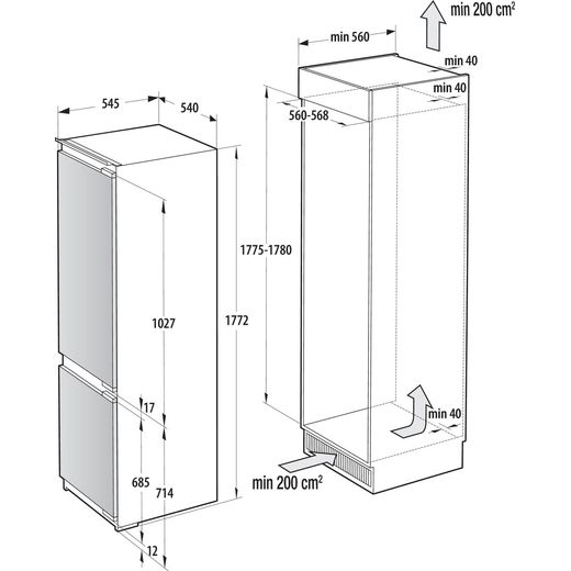 Hisense RB3B250SAWE1 177cm 70/30 Integrated Frost Free Fridge Freezer with Sliding Door Fixing Kit - White - Annotation - Dimensions shot