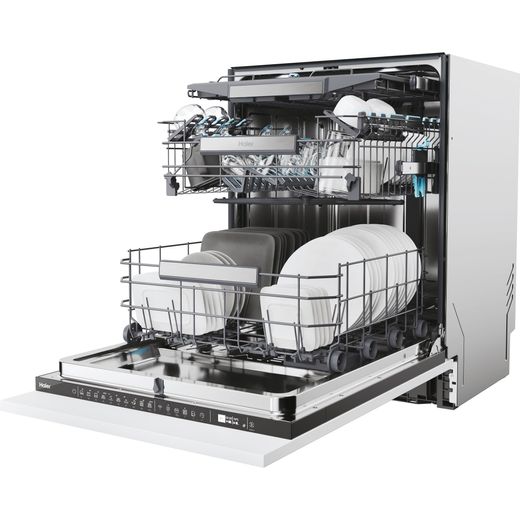 Haier Integrated Standard Dishwasher - Black - Left perspective with door open shot