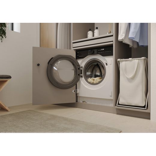 Haier Series 6 BHA6SD696M6DB980 Wifi Connected Integrated 9Kg / 6Kg Washer Dryer with 1600 rpm - White - Washing machine with door open shot