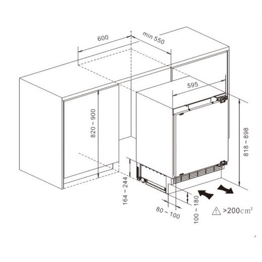 Fridgemaster Integrated Under Counter Freezer with Fixed Door Fixing Kit - Dimensions