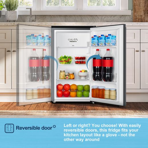 Fridgemaster MUR4894ES Compact 84cm Fridge with Ice Box - Stainless Steel - Annotation - Reversible door