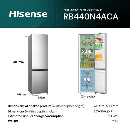 Hisense 70/30 Total No Frost Fridge Freezer - Stainless Steel - Annotation - Dimension shot
