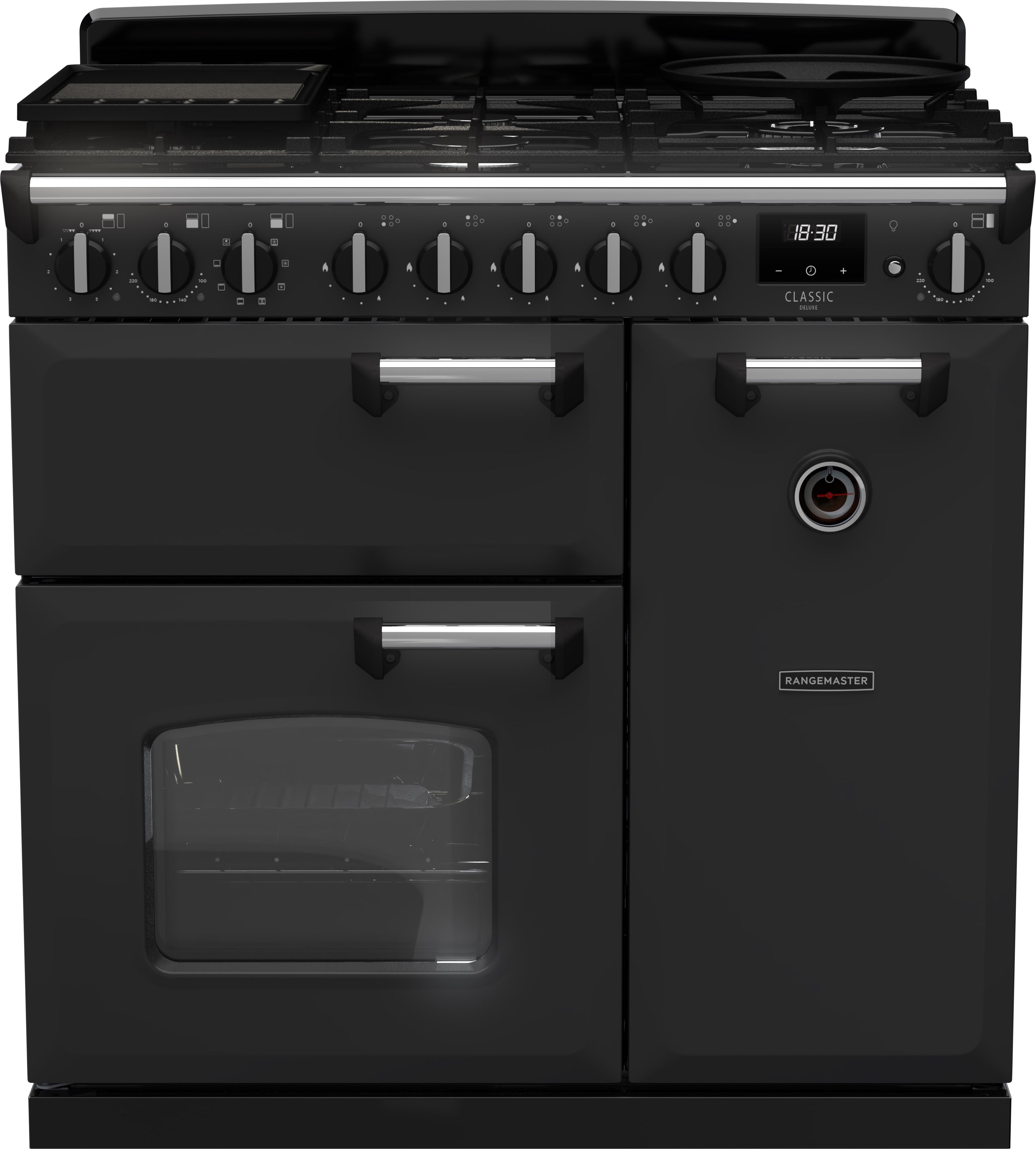 Rangemaster Classic Deluxe 90 CLDL90DFPCBL/CM1 90cm Dual Fuel Range Cooker - Charcoal Black / Chrome - A Rated, Black