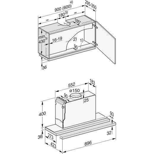 Miele DAS2920 Telescopic Cooker Hood Stainless Steel - Annotation - Dimension shot 