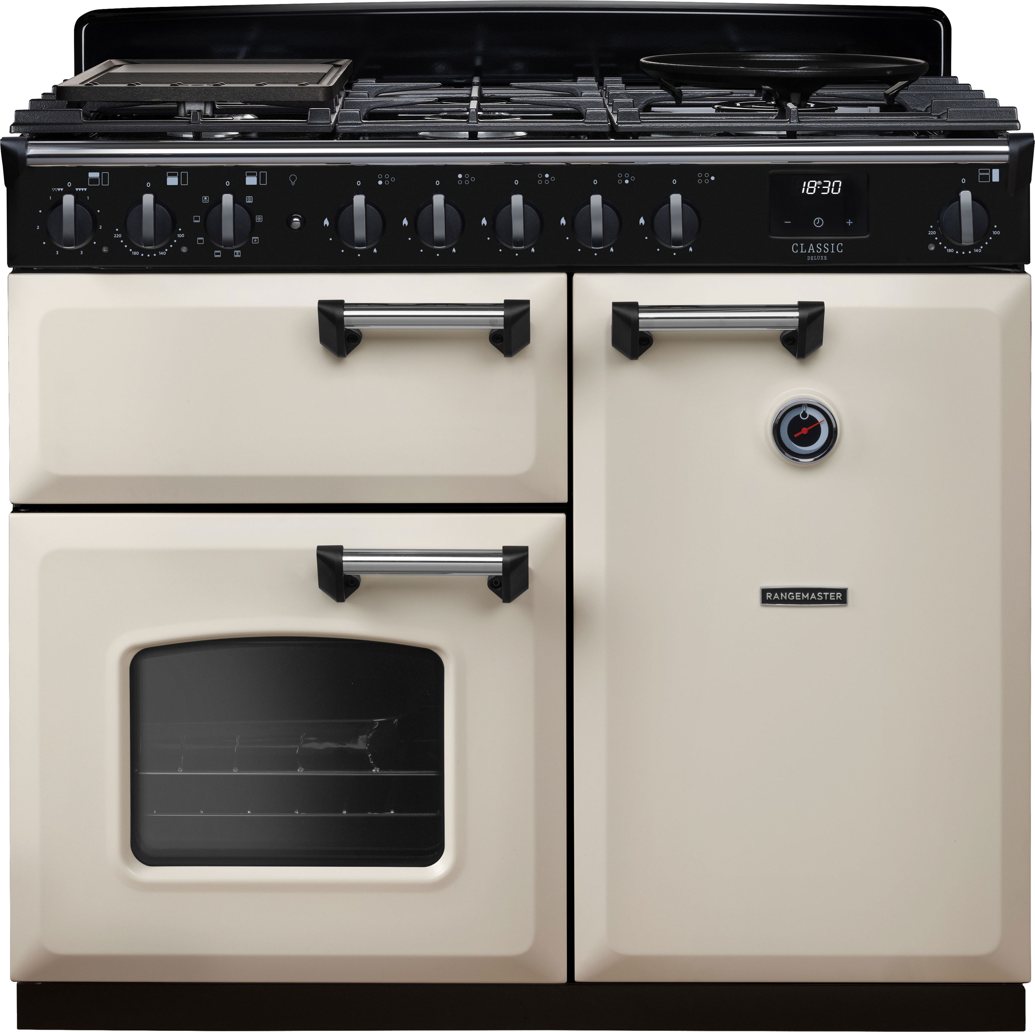 Image of Rangemaster Classic Deluxe 100 Dual Fuel CLDL100DFPPCR/CM1 100cm wide Dual Fuel Range Cooker with Gas Hob - Pale Cream / Chrome - A Rated, Cream