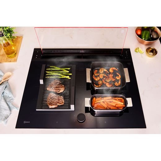 NEFF N90 80 cm Downdraft Cooker Hood - Black - Food cooking in kitchen shot