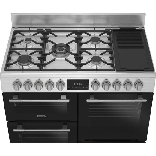 Hotpoint RH100FA21BX 100cm wide Dual Fuel Range Cooker with Gas Hob - Stainless Steel / Black - top hob view shot