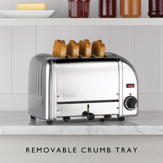 Dualit Classic Vario 40352 4 Slice Toaster - Chrome - Annotation - Removable crumb tray shot