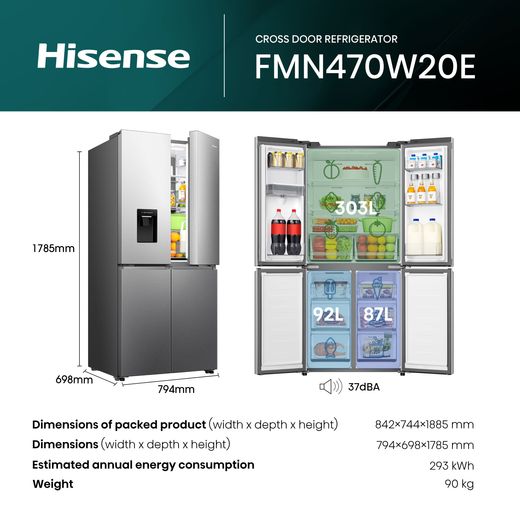 Hisense American Fridge Freezer - Stainless Steel  - Annotation - Dimension shot